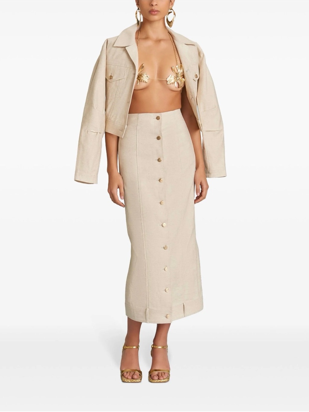 cult gaia Neutral Button-Front Midi Skirt